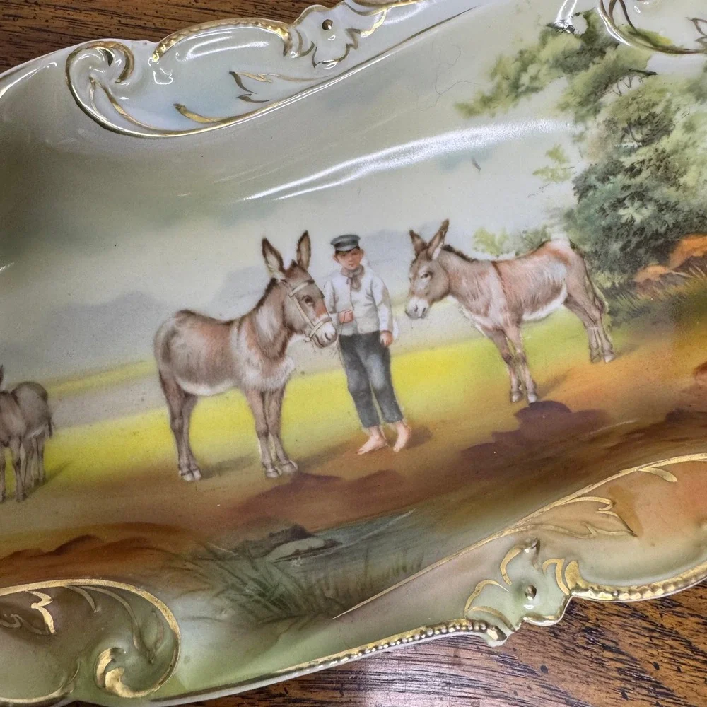 Royal Bayreuth Bavaria Donkey Boy Celery Tray Porcelain Gold Gilt Dish 12.5in